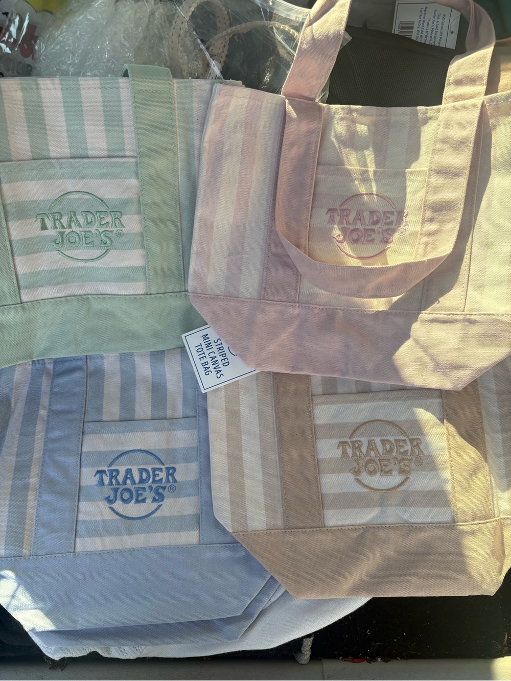 Trader Joe's Striped Canvas mini Tote Bag - Set of  4 Pastel Colors NWT